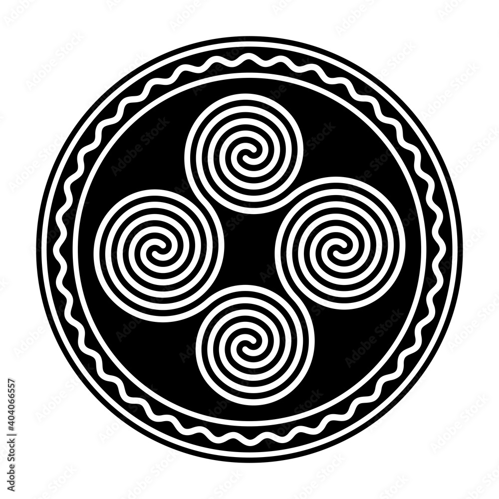 Four connected Celtic double spirals, within a circle frame with a white wavy line. Quadruple spiral, formed by four interlocked Archimedean spirals. Symbol and motif. Illustration over white. Vector. Four connected Celtic double spirals, within a circle frame with a white wavy line. Quadruple spiral, formed by four interlocked Archimedean spirals. Symbol and motif. Illustration over white. Vector.