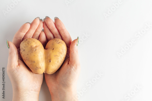 Heart shaped potatoes in hands on a white background. Valentine's day concept.