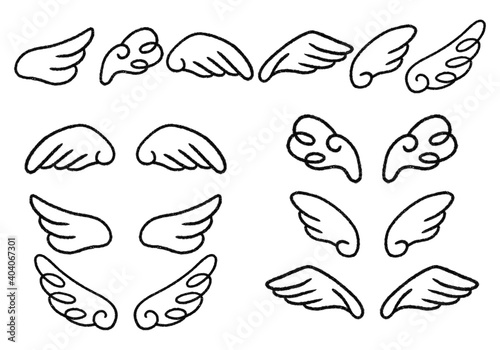 手描き　羽根のイラストセット　白黒線画
