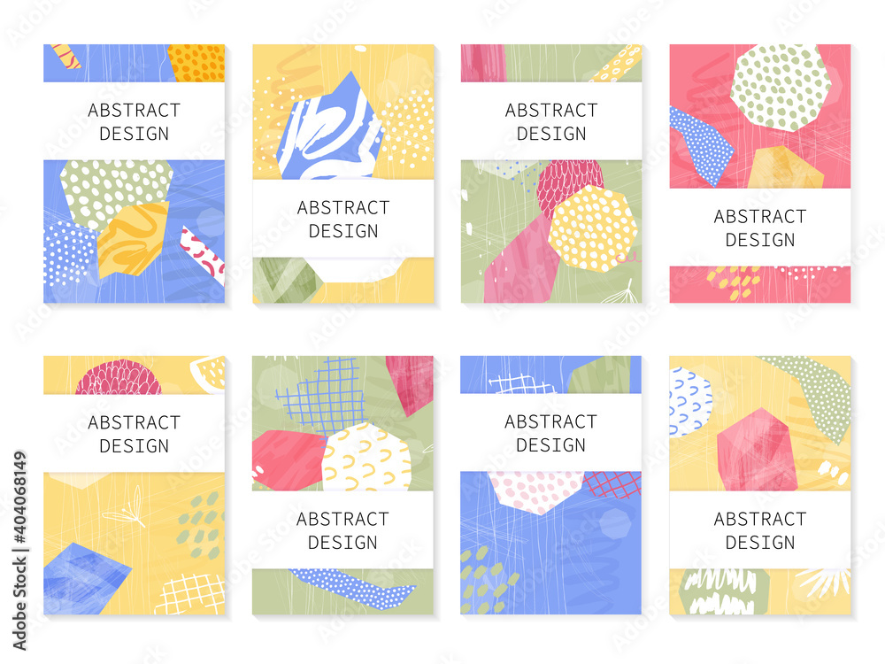 Set of abstract backgrounds. Hand drawn design for flyer print and web. Pastel and bright colors ...