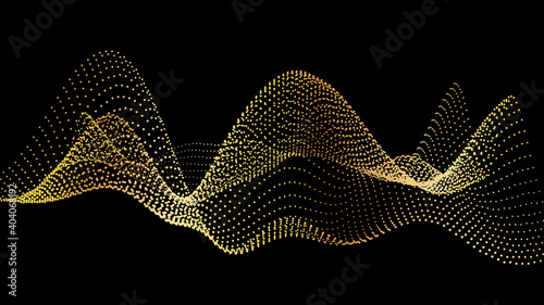 Sound wave from node. Gold interface big data flow. Copy space cover template. Vector swirl isolated flow.