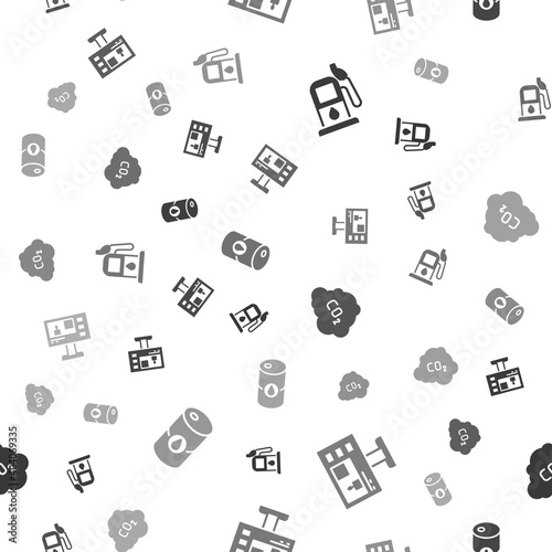 Set Petrol or gas station, Television report, CO2 emissions in cloud and Barrel oil on seamless pattern. Vector.