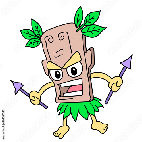inland man in clothes made of plants and wearing masks, doodle icon image