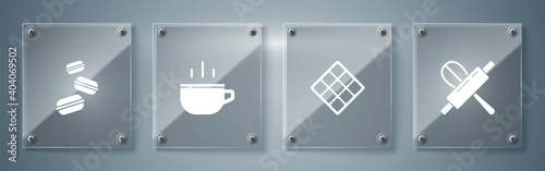 Set Kitchen whisk and rolling pin, Waffle, Coffee cup and Macaron cookie. Square glass panels. Vector.