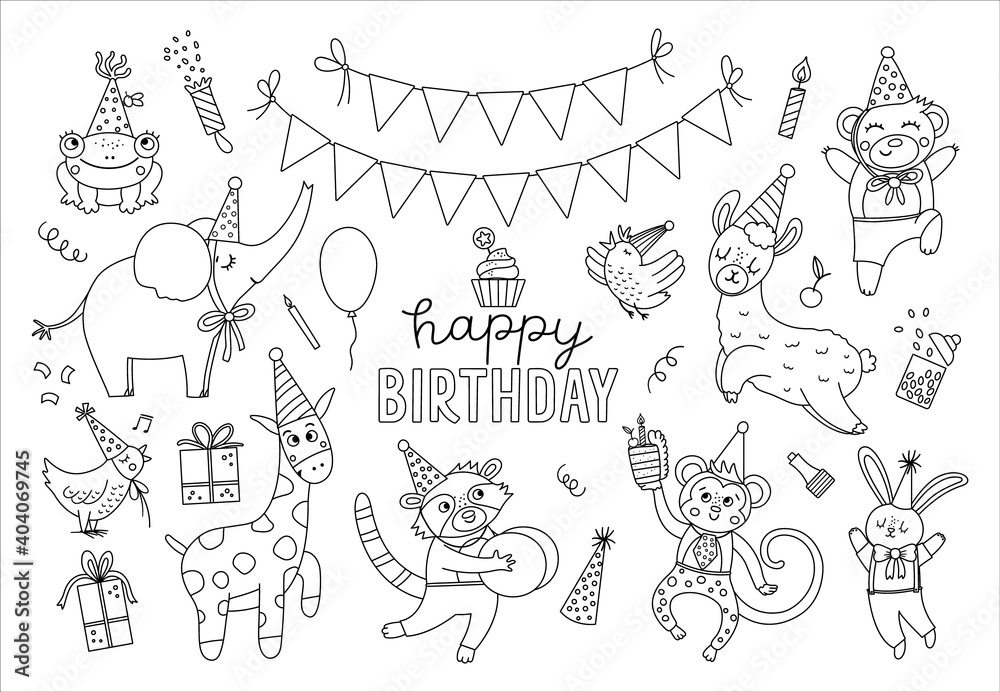 Set of cute black and white animals in party hats. Birthday party celebration clipart collection. Vector outline holiday pack with bright present, cake with candles. Happy anniversary line icons.