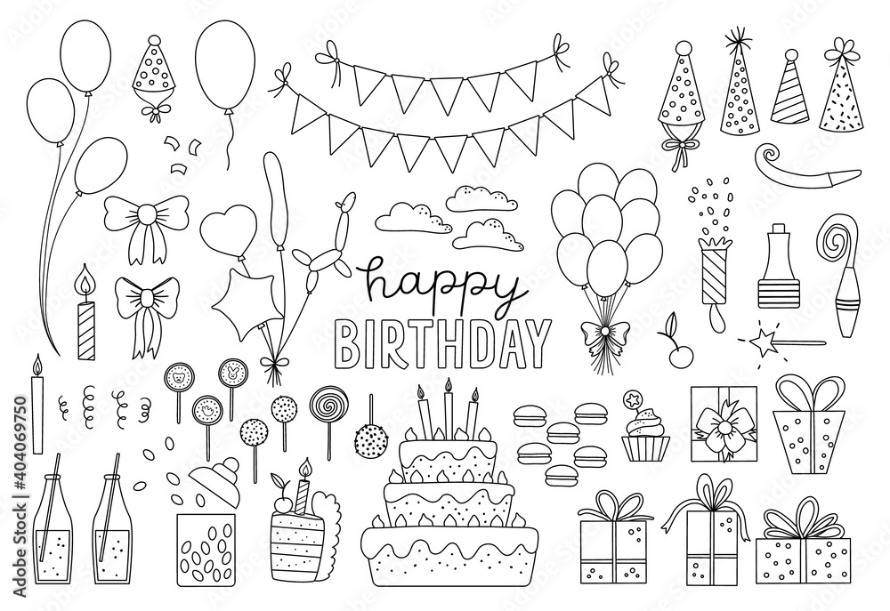 Set of cute black and white Birthday design elements. Party celebration