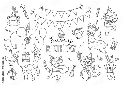 Set of cute black and white animals in party hats. Birthday party celebration clipart collection. Vector outline holiday pack with bright present, cake with candles. Happy anniversary line icons.