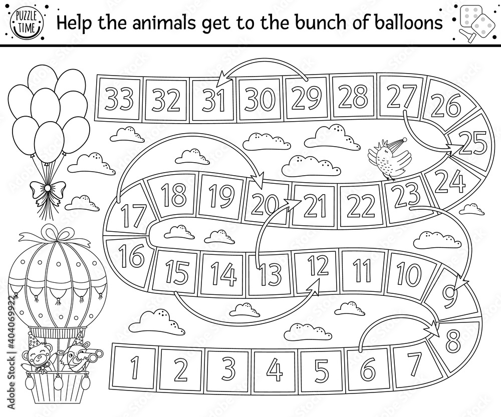 Birthday black and white board game for children with cute animals in hot air balloon. Educational outline holiday boardgame with clouds, rainbows and balloons. Party line activity for kids..