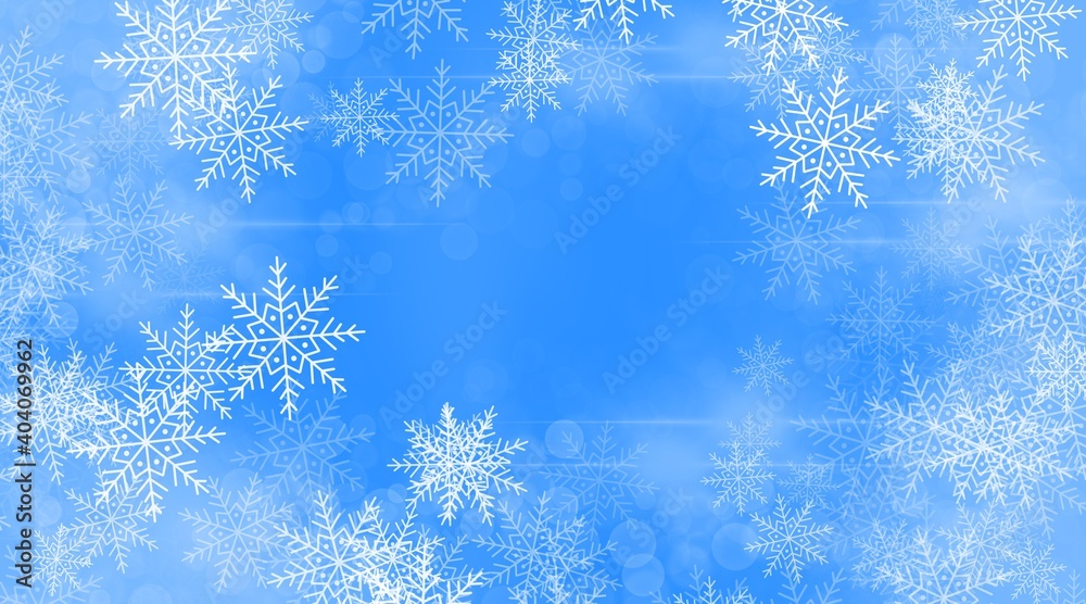 Winter abstract digital art background with white snowflakes, bokeh imitation on blue background.