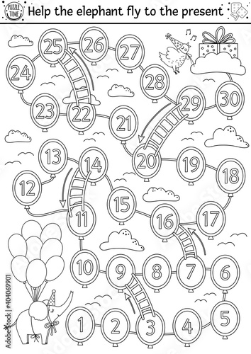Birthday black and white board game for children with cute animal. Educational holiday outline boardgame with elephant, present, clouds, ladders, balloons. Surprise party line activity. .