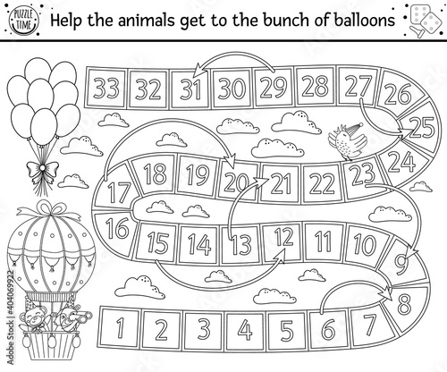 Birthday black and white board game for children with cute animals in hot air balloon. Educational outline holiday boardgame with clouds, rainbows and balloons. Party line activity for kids.. © Lexi Claus