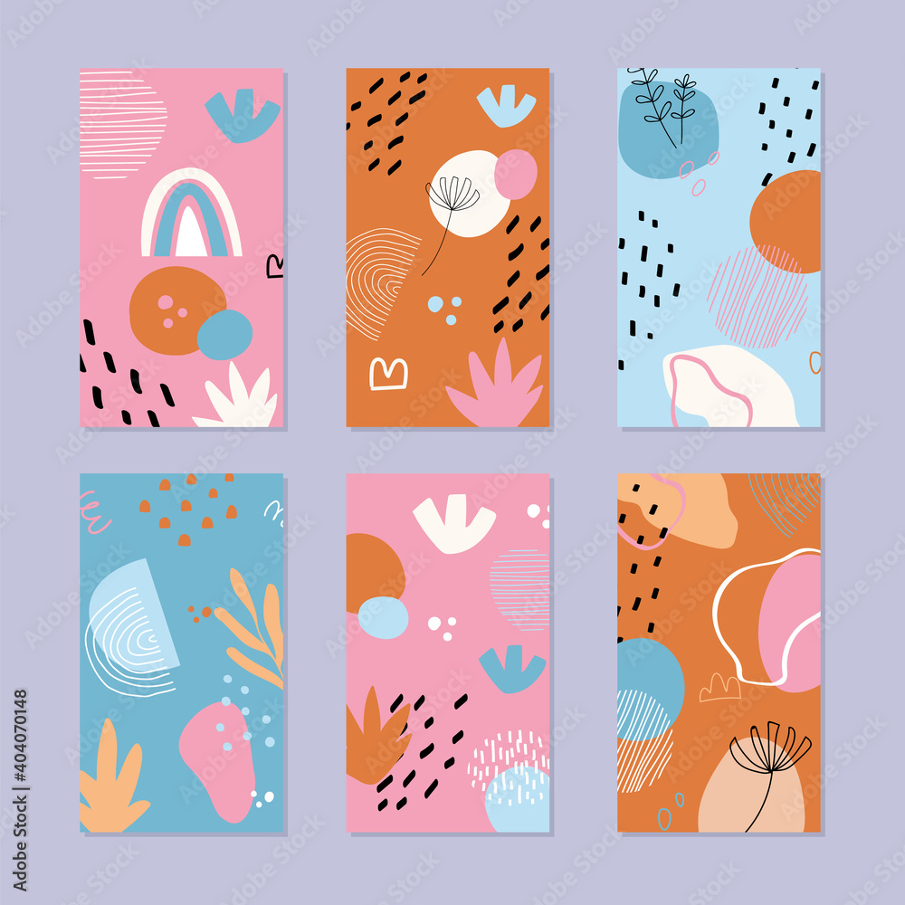 Set of abstract story backgrounds. Hand drawn natural pattern in trendy style. Vector illustration.