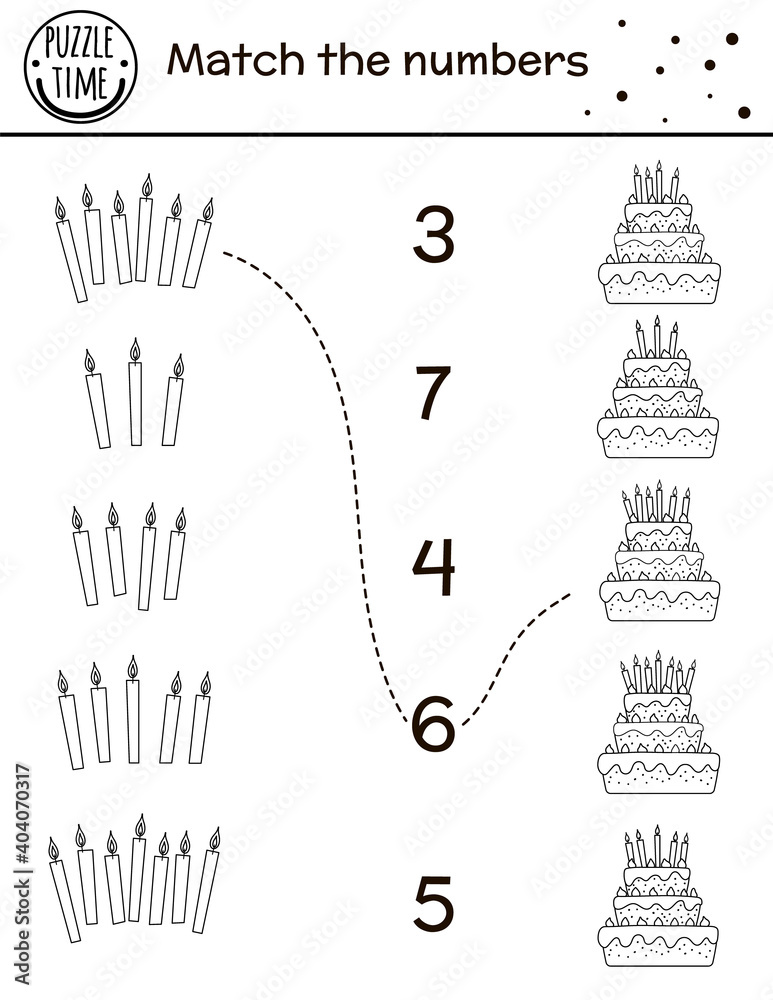 Birthday black and white matching game with cakes and candles. Holiday