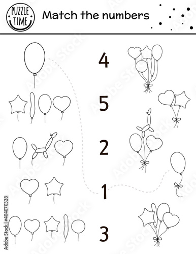 Birthday black and white matching game with colorful balloons. Holiday outline line math activity for preschool children. Educational celebration printable counting worksheet with for kids.