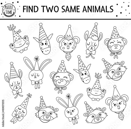 Find two same animals. Holiday black and white matching activity for children. Funny outline educational Birthday logical line worksheet for kids. Simple printable celebration game .