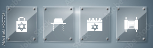 Set Torah scroll, Jewish calendar, Orthodox jewish hat and Shopping bag with star of david. Square glass panels. Vector.