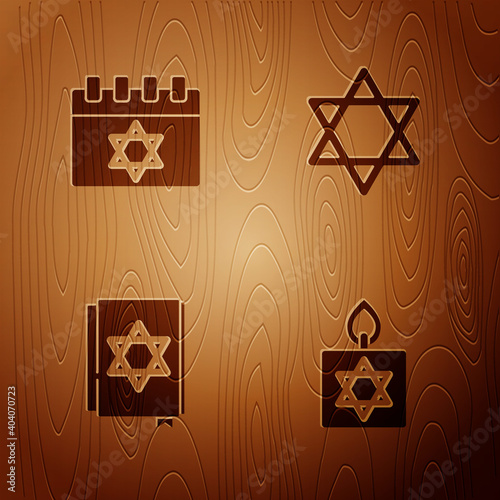 Set Burning candle, Jewish calendar, torah book and Star of David on wooden background. Vector.