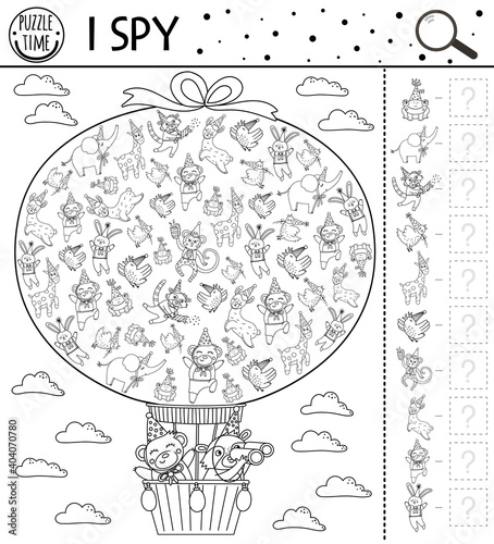 Birthday I spy game for kids. Searching and counting black and white activity for preschool children with cute animals flying in hot air balloon. Funny line party printable worksheet for kids. .