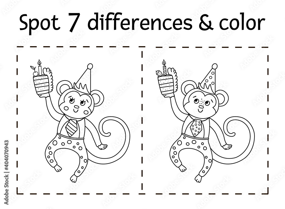 Obraz premium Birthday party find differences and color game for children. Anniversary black and white educational activity with funny monkey and cake with candle. Printable worksheet with smiling character. .