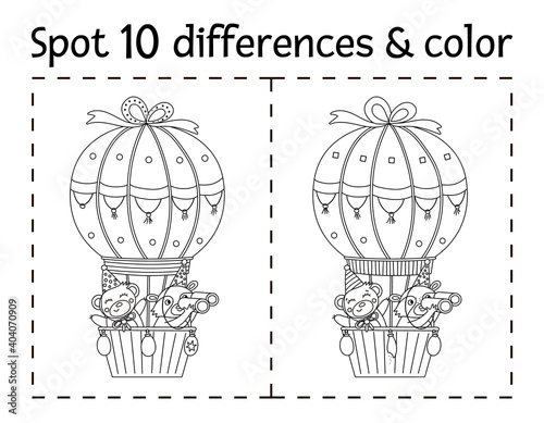 Birthday party find differences and color game for children. Anniversary black and white educational activity with funny flying hot air balloon. Printable worksheet with smiling character. .