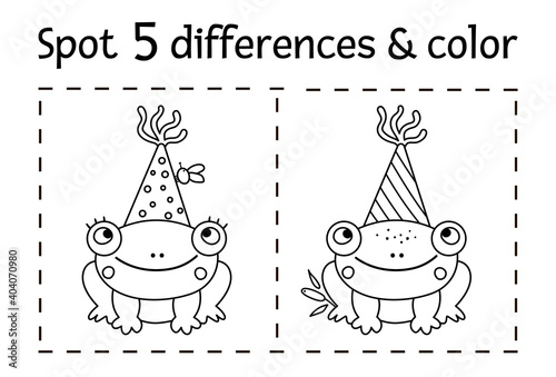 Birthday party find differences and color game for children. Anniversary black and white educational activity with funny frog in party hat and fly. Printable worksheet with smiling character. .