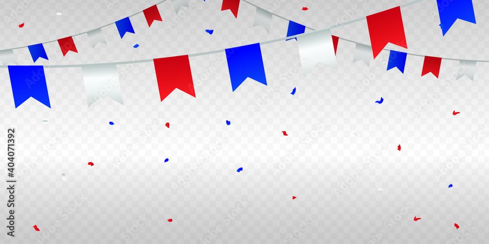 Obraz premium France Bastille Day concept greeting background on transparent grid with tricolor confetti. Decorative elements of flag of France.