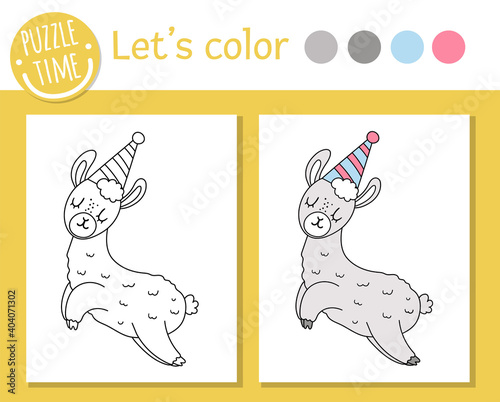 Birthday coloring page for children. Funny llama in party hat. Vector holiday outline illustration with cute animal. Party color book for kids with colored example.