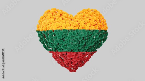 Lithuania National Day. Independence day. February 16. Heart shape made out of flowers on white background. 3D rendering. photo