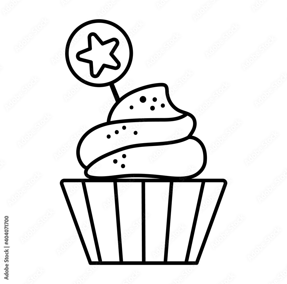 Vector black and white cupcake with star shaped topper. Cute funny birthday dessert illustration for card, print design. Holiday food illustration. Muffin line icon isolated on white background. Vector black and white cupcake with star shaped topper. Cute funny birthday dessert illustration for card, print design. Holiday food illustration. Muffin line icon isolated on white background.