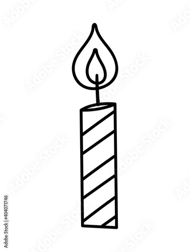 Vector cute black and white birthday candle illustration. Funny b-day dessert for card, poster, print design. Outline holiday picture for kids. Cheerful celebration line icon.