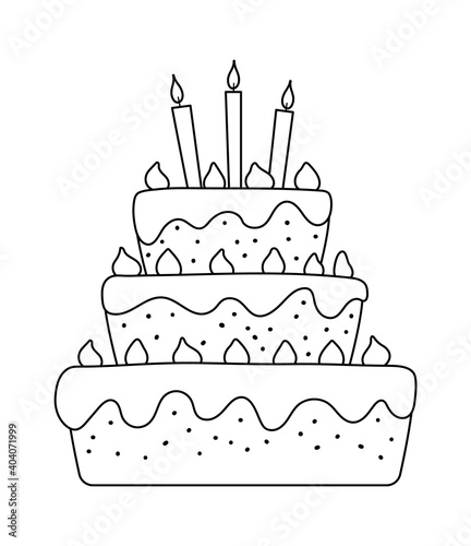 Vector black and white birthday cake with candles. Cute funny b-day dessert illustration for card, print design. Holiday line icon for kids isolated on white background. .