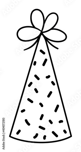 Vector cute black and white birthday party hat. Funny b-day accessory for card, print design. Outline holiday illustration for kids. Celebration line icon isolated on white background..