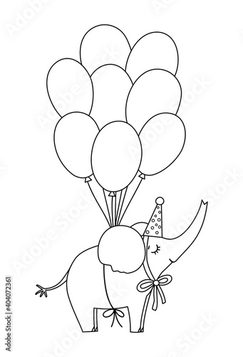 Cute vector black and white elephant in party hat flying on bunch of balloons. Adorable outline animal illustration. Funny birthday clipart for card, print design. Holiday line icon for kids. .