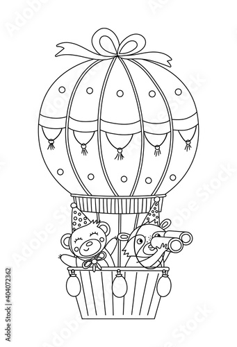 Vector cute black and white bear and raccoon in hot air balloon. Funny birthday animals for card, poster, print design. Holiday illustration for kids. Cheerful celebration line icon. © Lexi Claus