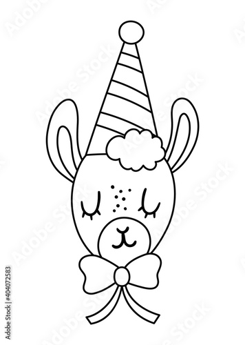 Vector cute black and white llama face in party hat. Birthday outline animal avatar. Funny alpaca head illustration for kids. Celebration line icon. photo