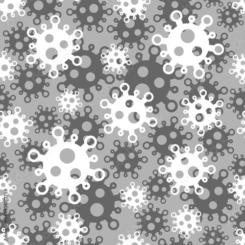 Seamless pattern with coronavirus symbols. Grayscale cells background