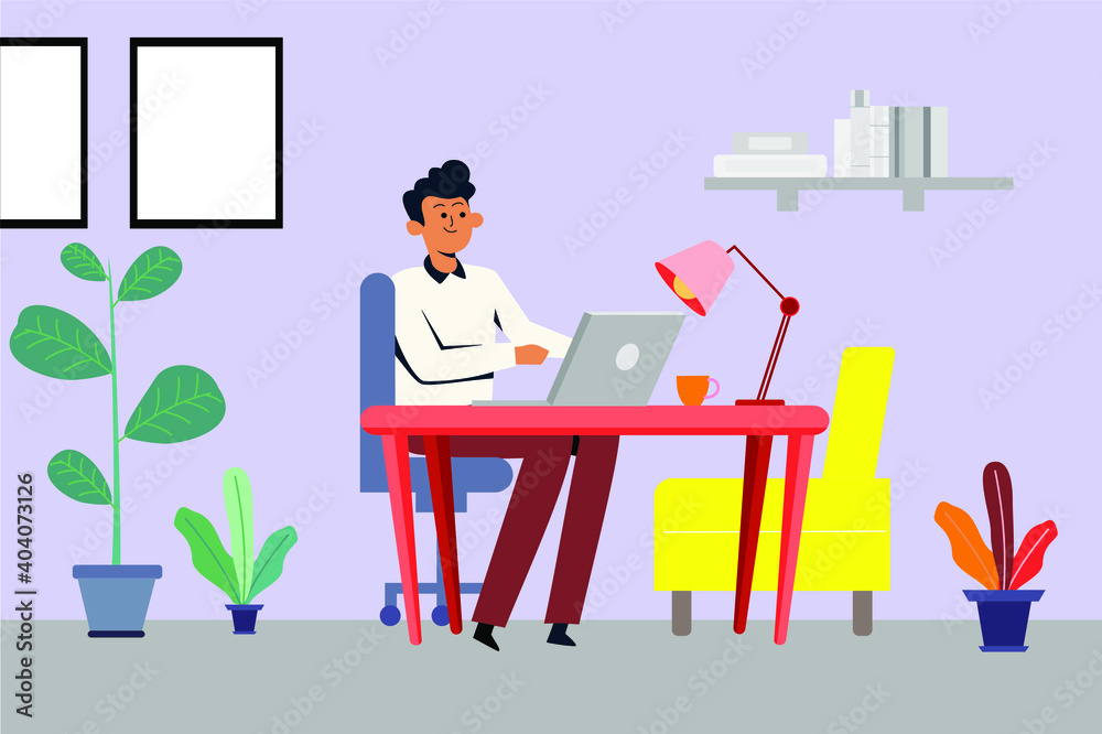 Man sitting and working vector picture Sitting online shopping or studying at home Ideas for using social media to work at home