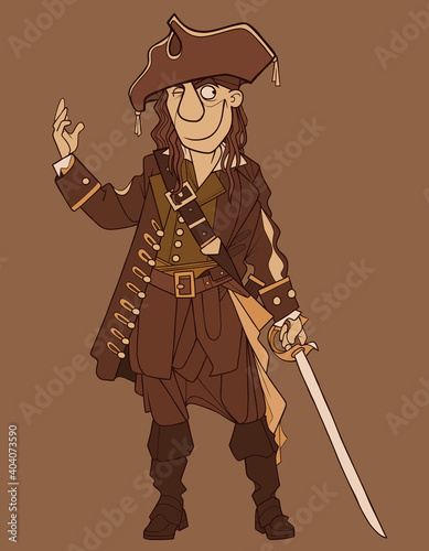 cartoon male pirate winks and smiles slyly with saber in hand