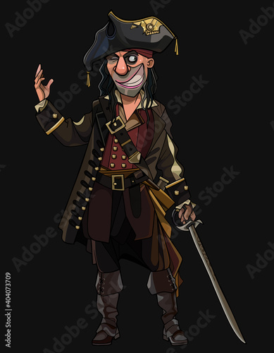 sly smiling cartoon male pirate with saber in hand