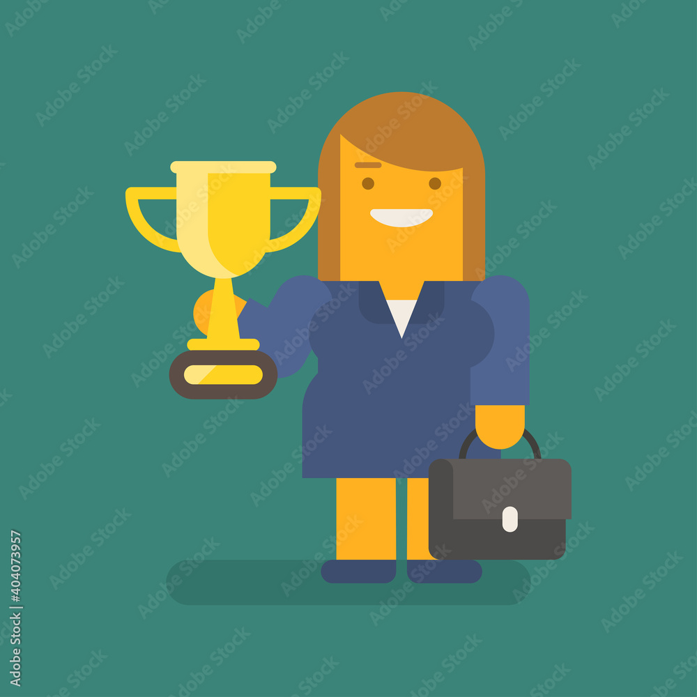 Fototapeta premium Business woman holding golden cup suitcase and smiling. Vector character