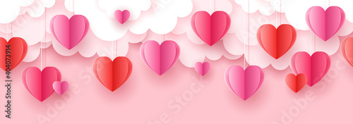 Valentine's day seamless background for social media advertising, invitation or poster design with paper art cut heart shapes and clouds. Vector illustration