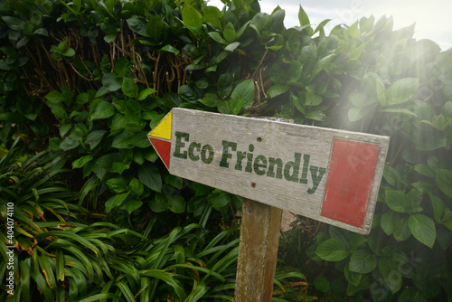vintage old wooden signboard with text eco friendly near the green plants.