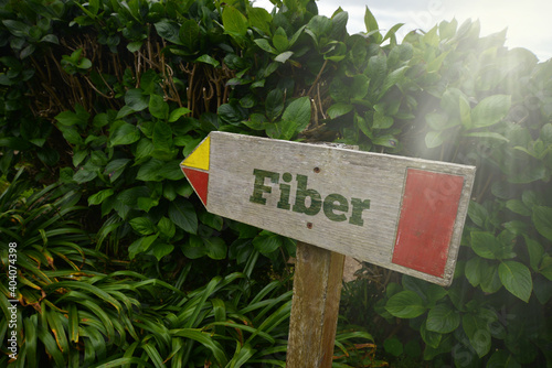 vintage old wooden signboard with text fiber near the green plants.