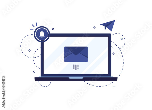 Vector illustration of email marketing and message concept. Letter in an envelope. Laptop with newsletter. Flat design. Blue. On white background. Eps 10