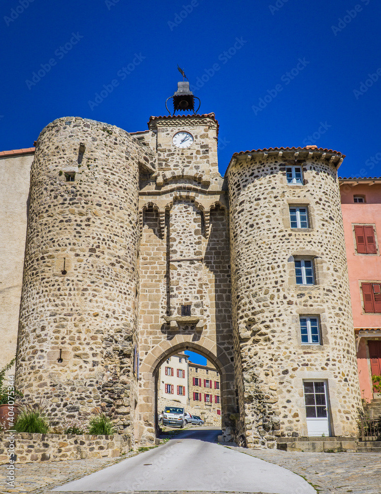 The Porte de Monsieur gate in the medieval city of Allegre, in Auvergne (France). 