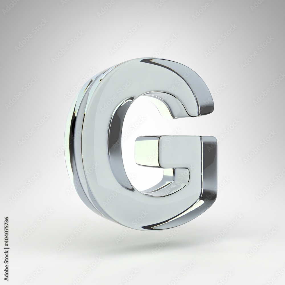 Letter G uppercase on white background. Camera lens transparent glass 3D rendered font with dispersion. Letter G uppercase on white background. Camera lens transparent glass 3D rendered font with dispersion.