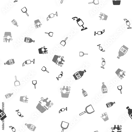 Set Vacuum cleaner, Dustpan, Bottle for cleaning agent and Basin with soap suds on seamless pattern. Vector.