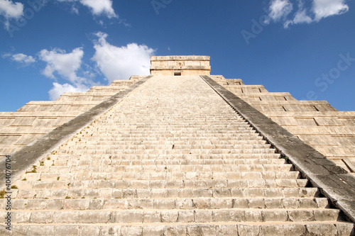 The Kukulkan Pyramid, aka El Castillo, a View from Below the Stairs. Chichén Itzá, Yucatan, Mexico