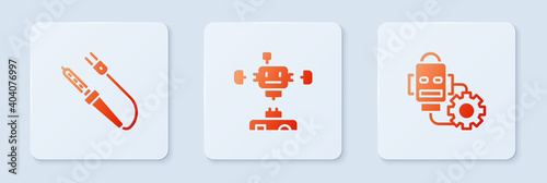 Set Disassembled robot, Soldering iron and Robot setting. White square button. Vector.