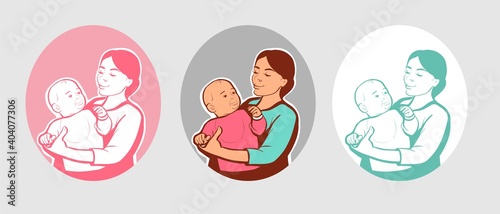 A set of three stylish logos in a circle. A young happy woman embraces a child. Color illustration of the female theme of motherhood and childhood. Vector.
